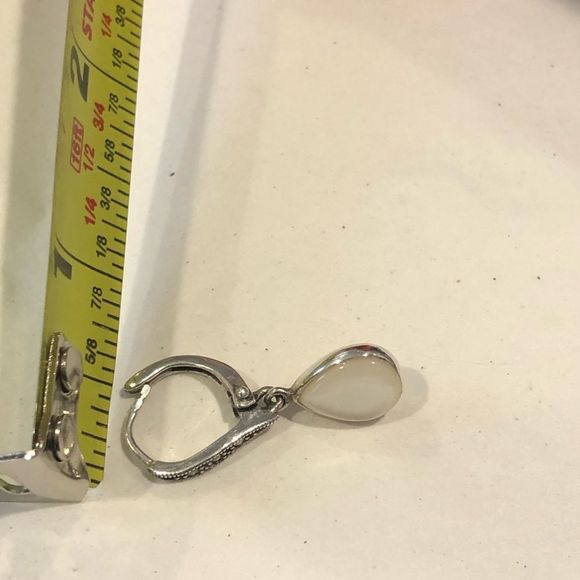 Vintage Sterling Silver Marcasite Mother of Pearl Drop Earrings - Picture 13 of 15